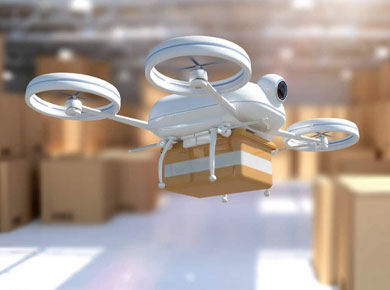 A drone carries a package into a warehouse